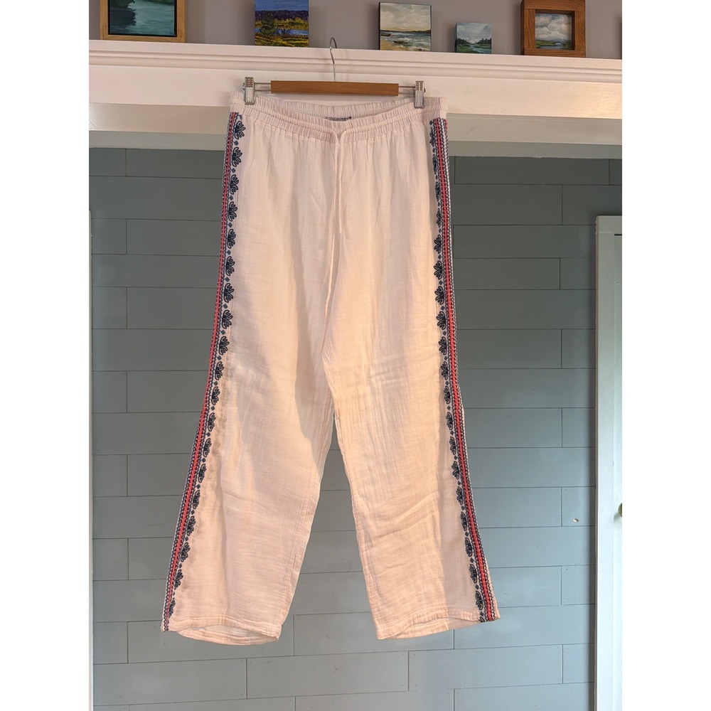 Johnny Was Workshop White Cotton Gauze Embroidered Side Stripe Pants W61519-4 L